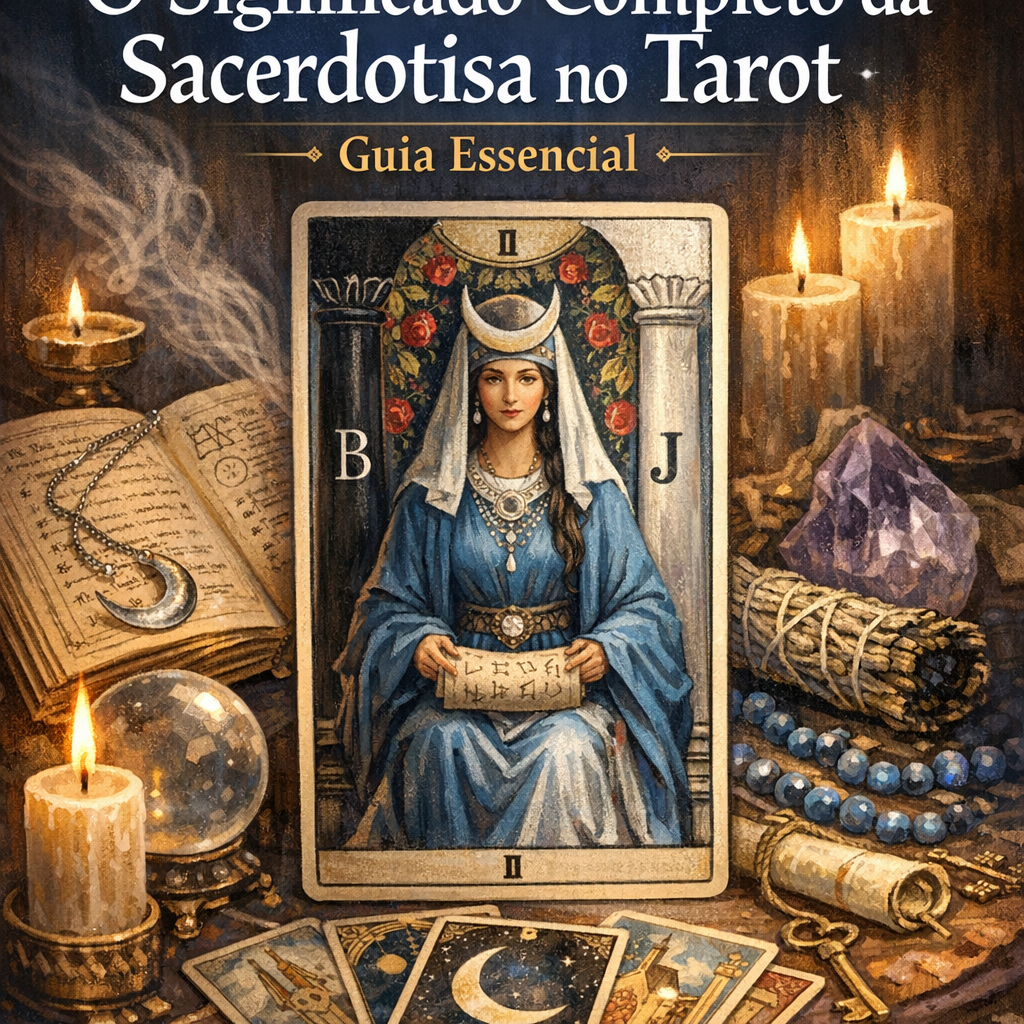 High Priestess tarot card surrounded by glowing candles, crystals, and mystical symbols on a dark cloth.