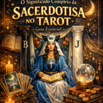 Illustration of a mystical priestess with tarot cards, candles, and a crystal ball in a magical setting.